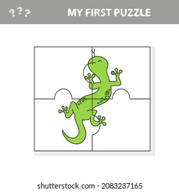 Cute puzzle game. Vector illustration of puzzle game with happy cartoon lizard. My first puzzle for children