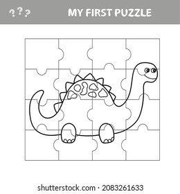 Cute puzzle game. Vector illustration of puzzle game with happy cartoon dino for children. My first puzzle. Coloring page