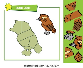 cute puzzle game. Vector illustration of puzzle game with happy cartoon bird for children