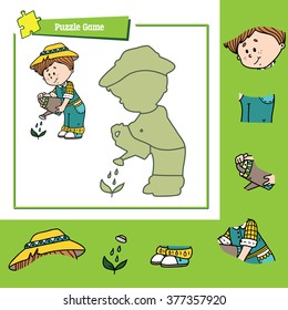 cute puzzle game. Vector illustration of puzzle game with happy cartoon gardener for children