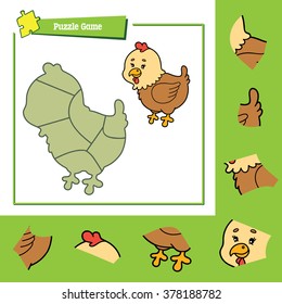 cute puzzle game. Vector illustration of puzzle game with happy cartoon hen for children