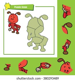 cute puzzle game. Vector illustration of puzzle game with happy cartoon ant for children