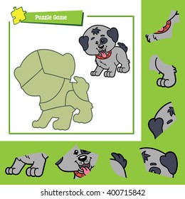 cute puzzle game. Vector illustration of puzzle game with happy cartoon dog for children