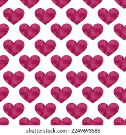 Cortos corazones de rompecabezas fondo sin fisuras. Patrón romántico para el día de San Valentín, boda, fecha. Símbolos de amor. Color rosa oscuro y blanco. Ilustración de mosaico vectorial.