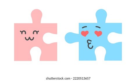 Cute Puzzle Piece Couple, Valentine's Day Greeting Card Template. Funny Romantic Love Characters. Kawaii Face Set. Dating Concept.