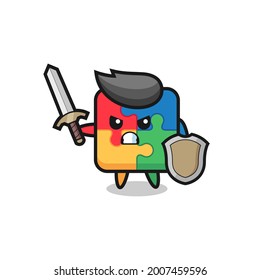cute puzzle soldier fighting with sword and shield , cute style design for t shirt, sticker, logo element