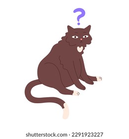 Cute puzzled confused cat. Funny feline animal, kitty staring, looking with question, bewildered astonished emotion. Amazed pet wondering. Comic flat vector illustration isolated on white background