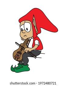 Cute puzzled red hat elf character with pointed ears sitting and trying to play the violin. Music, musical instrument. Isolated cartoon style vector illustration.