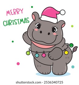 Cute Pygmy hippo wear santa hat cartoon kawaii Christmas (whimsical characters). Happy new year christmas coloring pages. Holiday cartoon xmas kids winter season. Flat illustration outline for child