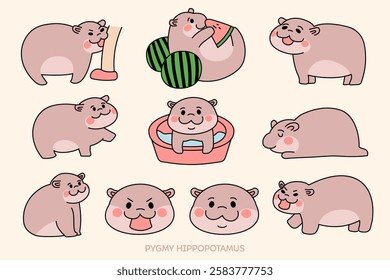 Cute Pygmy hippopotamus Cartoon Character Set