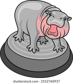 Süße Pygmäen-Nilpferde auf einem Becken. Ein charmantes Cartoon-Stil Illustration eines Baby Pygmäe Hippo steht auf einem runden Becken, mit einem verspielten und ausdrucksstarken Design.