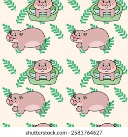 Cute Pygmy hippopotamus Seamless Pattern