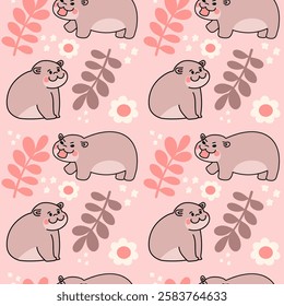 Cute Pygmy hippopotamus Seamless Pattern