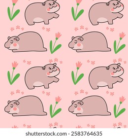 Cute Pygmy hippopotamus Seamless Pattern