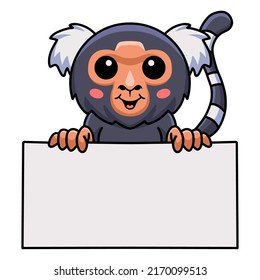 Cute pygmy marmoset monkey cartoon with blank sign