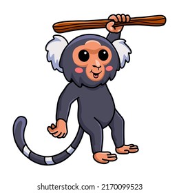 Cute pygmy marmoset monkey cartoon hanging on tree