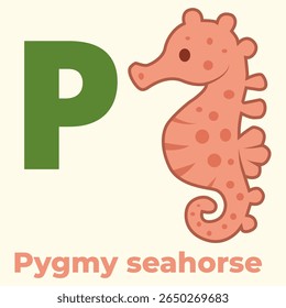 Cute pygmy seahorse illustration with the letter P. Great for marine-themed alphabet sets, ocean flashcards, and preschool learning. Rare coral reef creature for unique content.