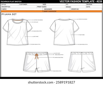 CUTE PYJAMA SET FOR GIRLS, SHORTS SLEEVE, BOTTOM SHORTS SKETCH FASHION TEMPLATE TECHNICAL DRAWING ILLUSTRATION