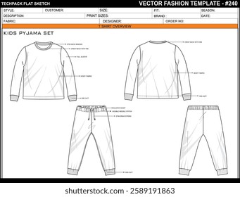 CUTE PYJAMA SET FOR GIRLS,FULL SLEEVE, PANT, RIB CUFF SKETCH FASHION TEMPLATE TECHNICAL DRAWING ILLUSTRATION