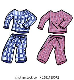 Cute pyjamas vector illustration motif set. Hand drawn isolated domestic sleepy elements clipart for home blog, cozy graphic, boys and girls clothes web buttons.