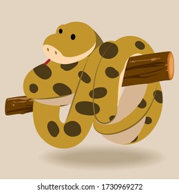 Cute python cartoon character on branch. Cartoon flat style illustration.