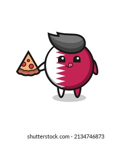 cute qatar flag badge cartoon eating pizza , cute style design for t shirt, sticker, logo element