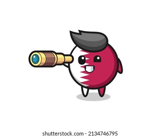 cute qatar flag badge character is holding an old telescope , cute style design for t shirt, sticker, logo element