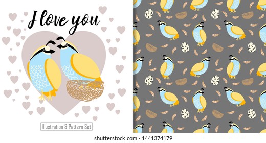 cute quail cartoon animal seamless pattern with illustration card set