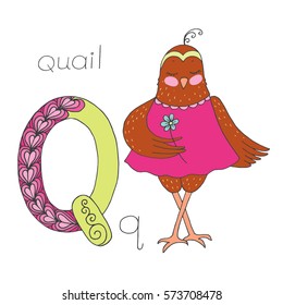Cute quail with closed eyes in pink dress. Letter Q of the kids alphabet with elements zentangle, doodling style for children education. Vector illustration on white background