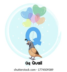 Cute quail flying with balloons. Art vector illustration. Cute Animal Alphabet Series A-Z. 