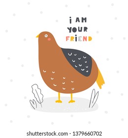 Cute quail for kids. I am your friend card, postcard, poster with bird for children, baby shower 