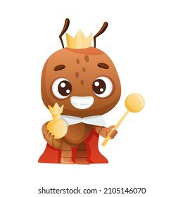 Cute queen ant in red mantle and golden crown. Funny insect cartoon character vector illustration