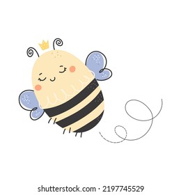 Carácter de abeja reina.  Dibujó mano Flying Bumblebee.  Ideal para afiches, decoración infantil, tarjeta, invitación, impresión.
Dibujo vectorial de abejas melíferas de dibujos animados aisladas en fondo blanco