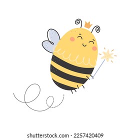 Cute Queen bee character.  Hand drawn Flying Bumblebee.  Ideal for poster, nursery decoration, card, invitation, print.
Cartoon honey bees vector illustration isolated on white background