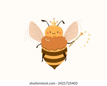 Cute Queen bee character vector illustration, Flying princess bumblebee wearing crown, holding magic wand, star trace. Honeybee baby flat cartoon design for child background.