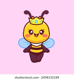 Abeja linda de la reina con la ilustración del icono del Vector de la historieta de la corona. Icono de Naturaleza Animal Concepto Aislado Premium Vector. Estilo plano de la historieta