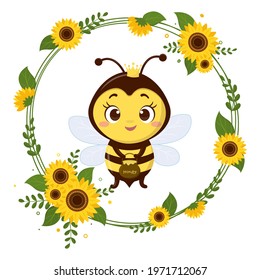 Cute queen bee is holding a pot of honey. Frame from yellow flowers sunflower and leaves. Cartoon style, vector.