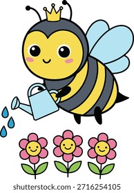 Una abeja reina linda que lleva una corona que riega flores rosadas sonrientes con una regadera azul. Ilustración vectorial de jardín Kawaii para la educación de los niños y el diseño de primavera.
