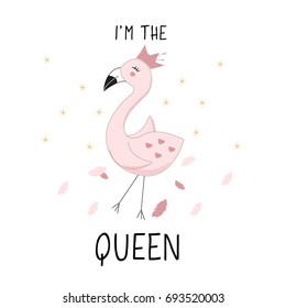 Cute queen flamingo background, hand drawn in vector