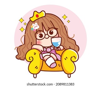 Cute queen girl sitting on the throne like princess success woman concept cartoon hand drawn cartoon art illustration