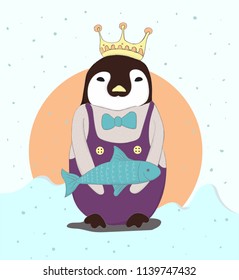Cute queen penguin cartoon with fish. Hand drawn style