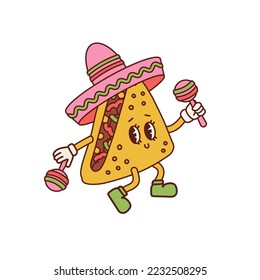 Cute quesadilla mascot with Mexican hat and maracas clip art. Vector cartoon illustration in trendy vintage toon style 30s. Latin American food mascot.