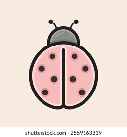 Cute and quiet red and black Ladybug beetle with black head, two antennae and red elytra filled vector icon, waiting for the spring.