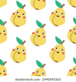 Cute quince seamless pattern. flat vector illustration. Template for Notebook covers, pattern for wallpapers, textile or nature background. hand-drawn vector elements. Healthy natural vitamin food