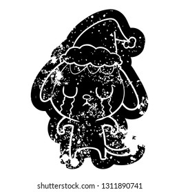 cute quirky cartoon distressed icon of a dog crying wearing santa hat