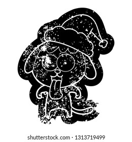 cute quirky cartoon distressed icon of a dog wearing santa hat