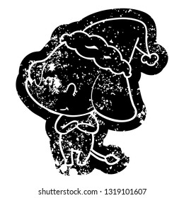 cute quirky cartoon distressed icon of an elephant wearing santa hat