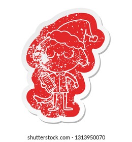 cute quirky cartoon distressed sticker of a dog wearing office shirt wearing santa hat