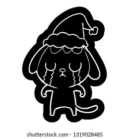 cute quirky cartoon icon of a dog crying wearing santa hat