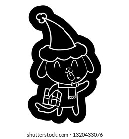 cute quirky cartoon icon of a dog with christmas present wearing santa hat